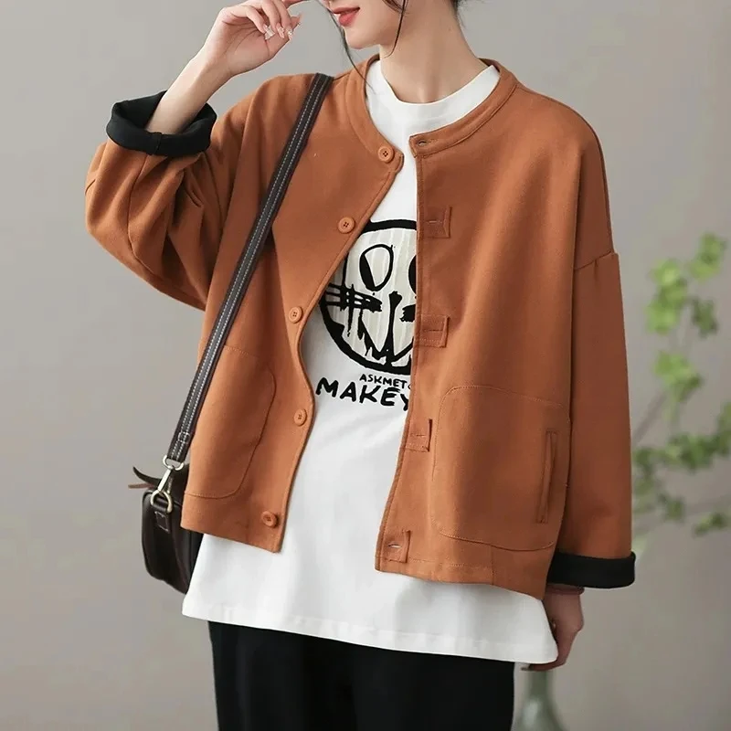 

Short Jacket Women's Spring Autumn Cardigan Workwear Cardigan Round Collar Tops Large Size Cotton Casual Outerwear Soft Pockets