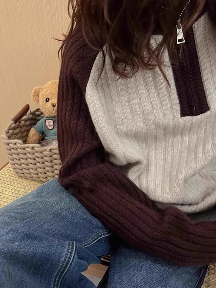 Suéter de punto de lana coreano Sle Color Blo oulder Sve diseño de otoño f Zip adelgazante Camere prendas de punto antienvejecimiento