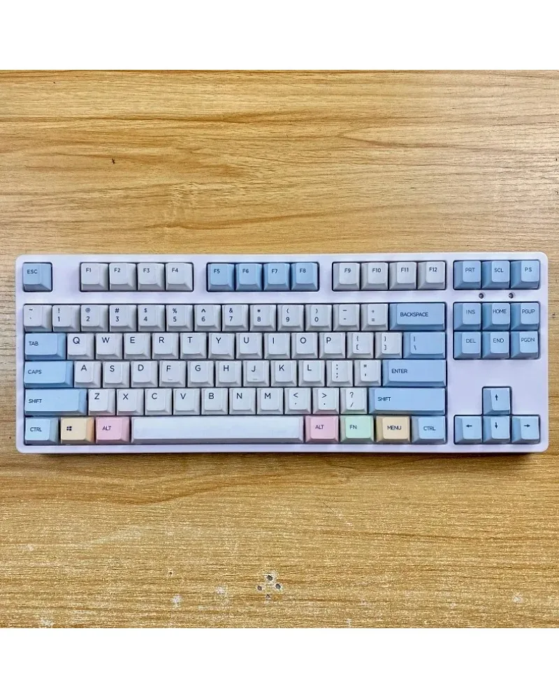 light blue cream yellow and pink color block pbt dye sub keycaps full set oem profile for mechanical keyboards
