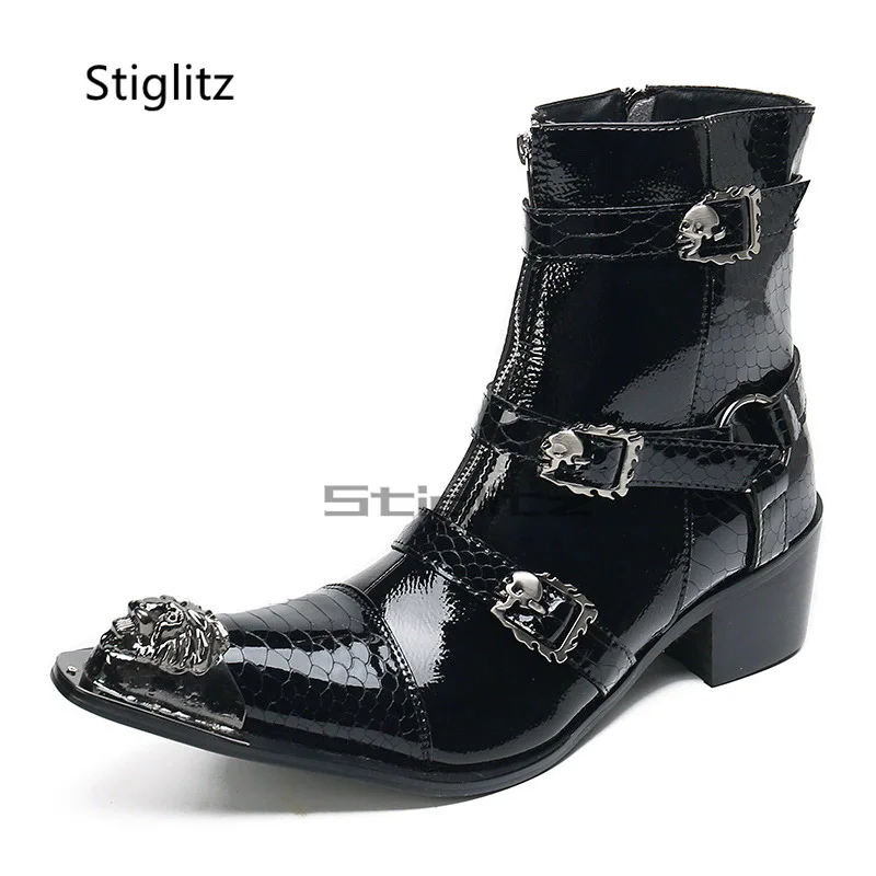 Men's Belt Buckle Patent Leather Chelsea Boots Black Business High Heels Ankle Boots Metal Pointed Toe Genuine Handmade Shoes