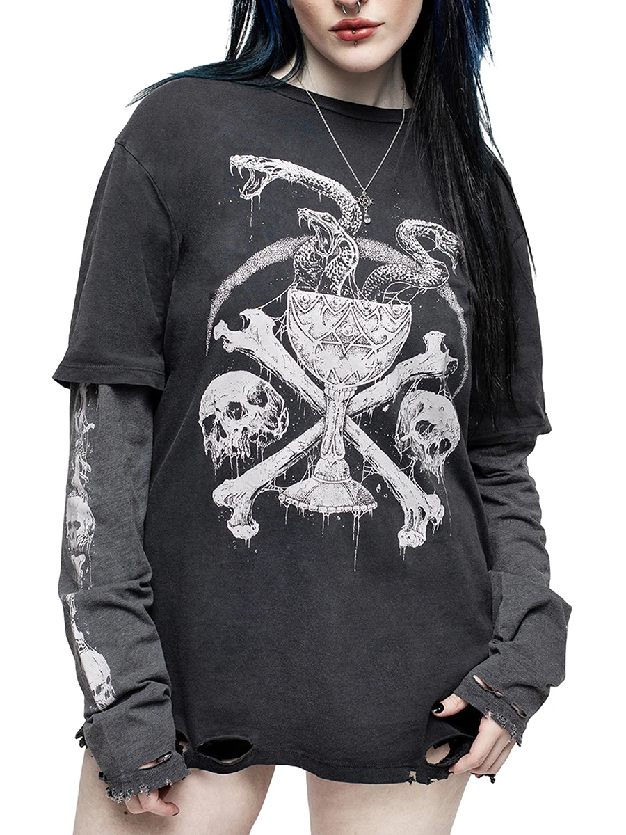 

Women Gothic Tops Skull Snake Print Fake Two Pieces Casual Basic Long Sleeve Shirt Fall Pullovers for Club Streetwear