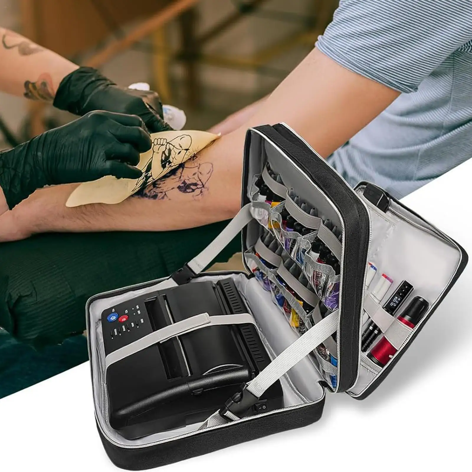 Tattoo Travel Case Organizer Zipper Double Layer Tattoo Supplies Tattoo Storage Organizer for Ink Stencil Printer Gloves Pen
