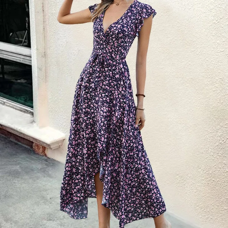 Amazon Cross border Foreign Trade 2024 Spring/Summer New Bohemian V-neck Tie Slim Fit Large hem Printed Dress