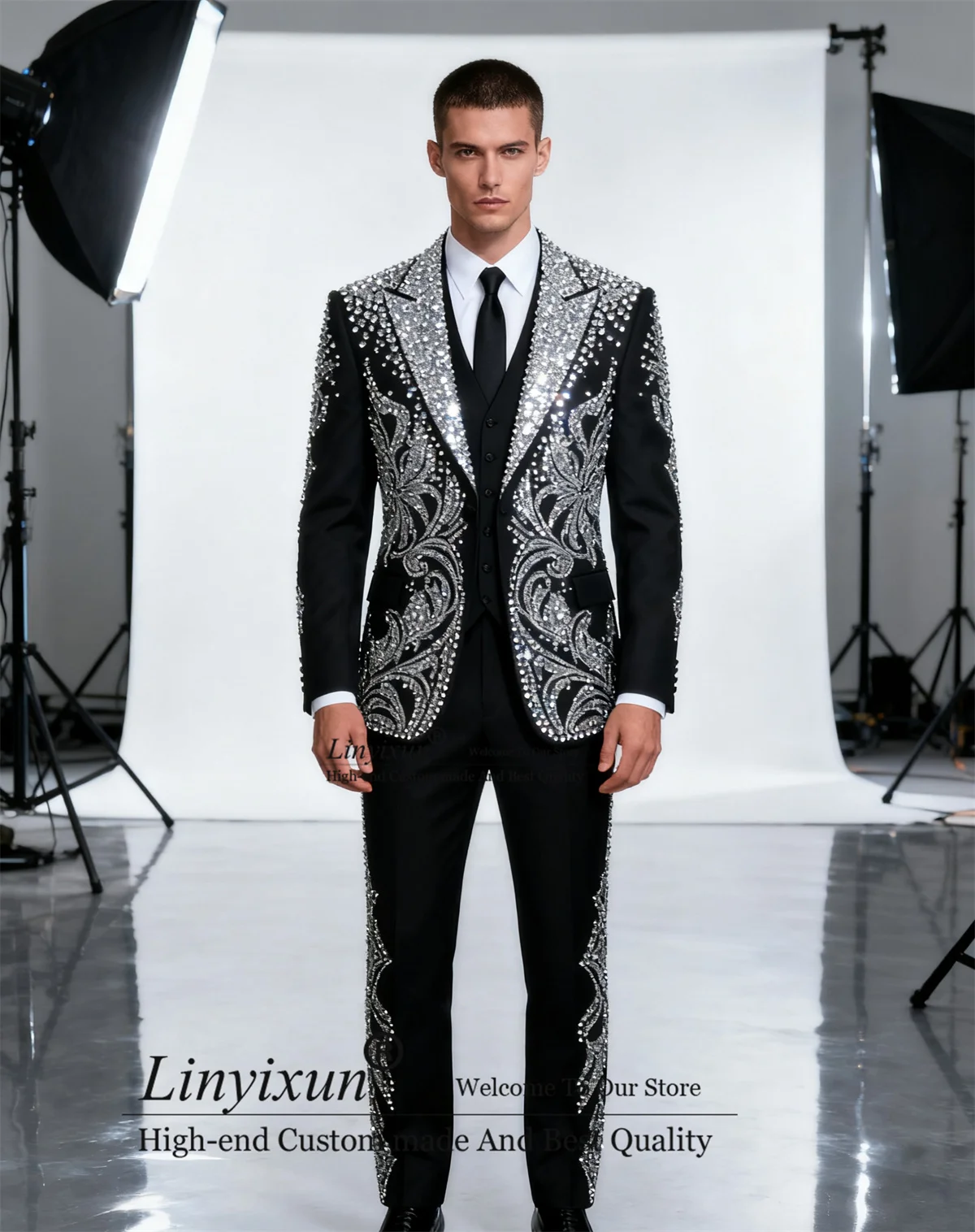 

High End Rhinestone Gem Men Suits Customized Peaked Lapel Ropa Hombre 3 Pieces Sets Groom Tuxedos Wedding Male Party Prom Blazer