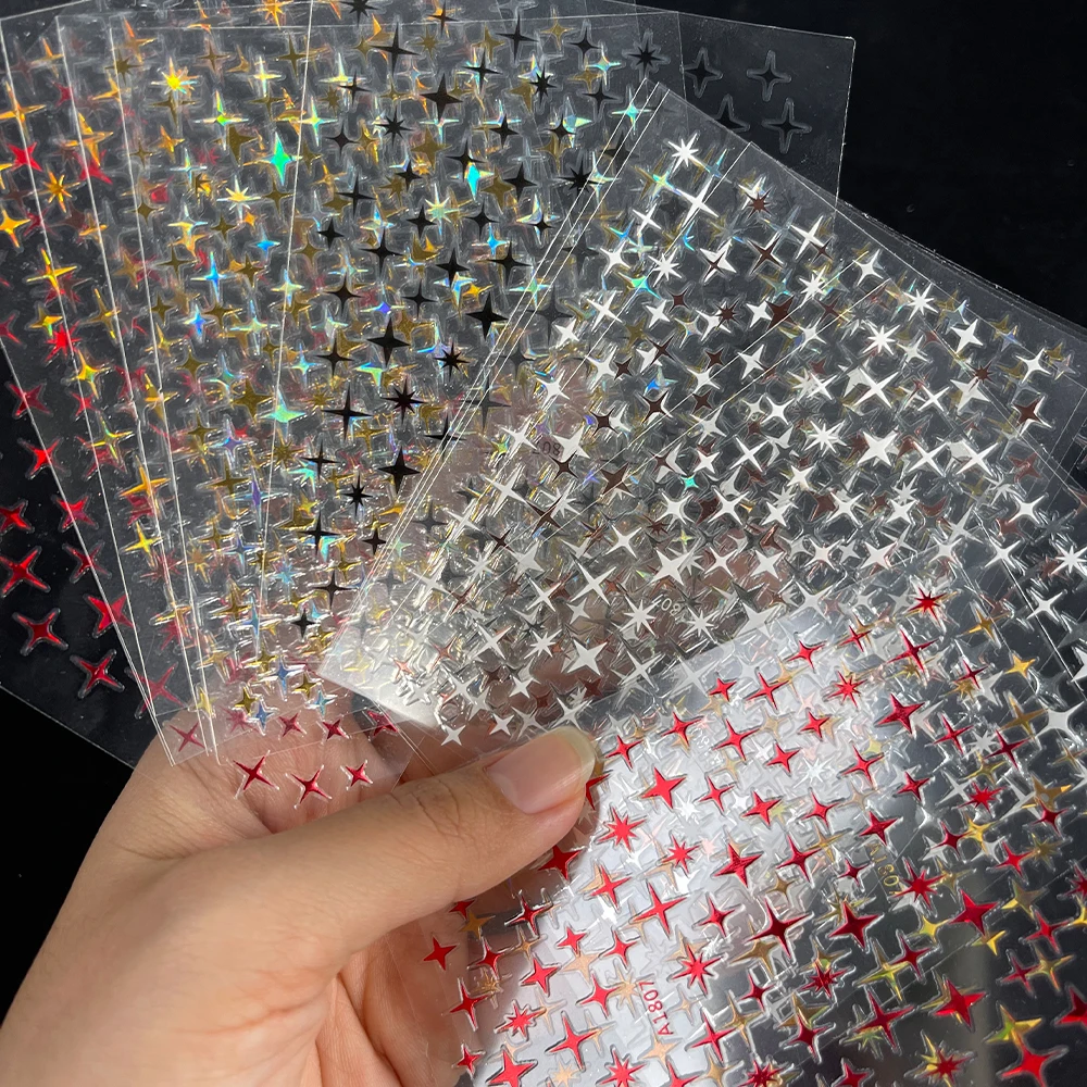 Star Light 3D Sticker Four Point Sparkling Star Nail Sticker Decal Laser White Black Shining Design Adhesive Nail Art Decoration