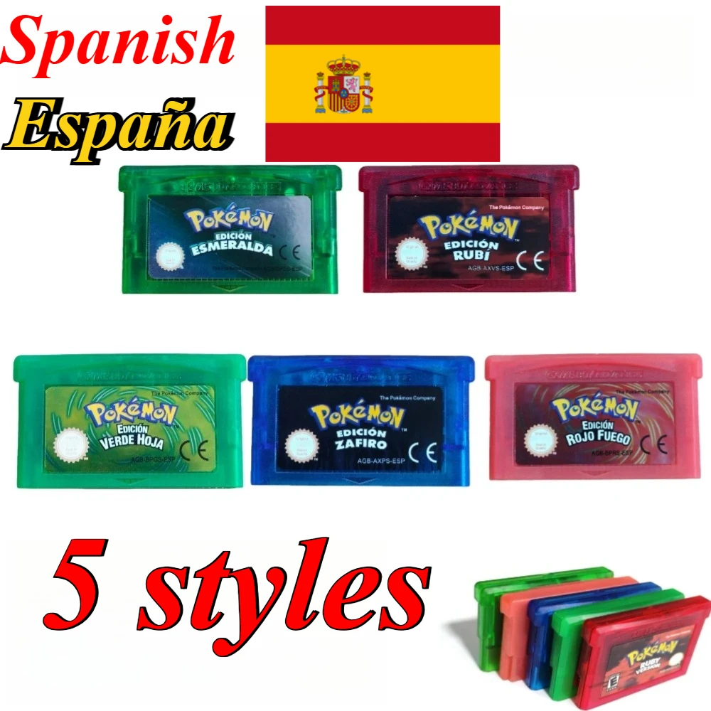 Cartucho de Jogo Pokémon GBA Versão Espanhola 32 Bits - Série Clássica Emerald FireRed LeafGreen Ruby Sapphire Presente para Console GBA