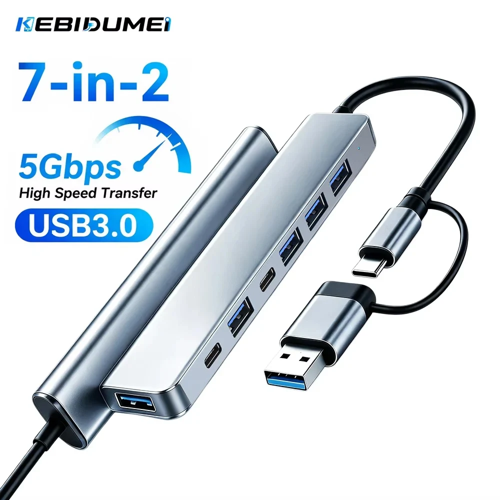 KEBIDUMEI 7-in-2 Docking Station USB 3.0 5Gbps High Speed OTG Adapter USB Hub Type C Multiport Adapter for Macbook Laptop Tablet