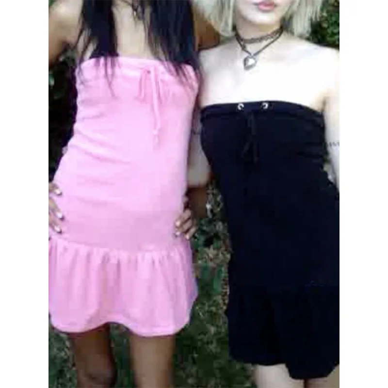 Y2K Millennial Subculture Style Sexy girl Retro Gothic Fit Sleeveless Dress Summer hight Street Versatile Off-Shoulder Dress emo