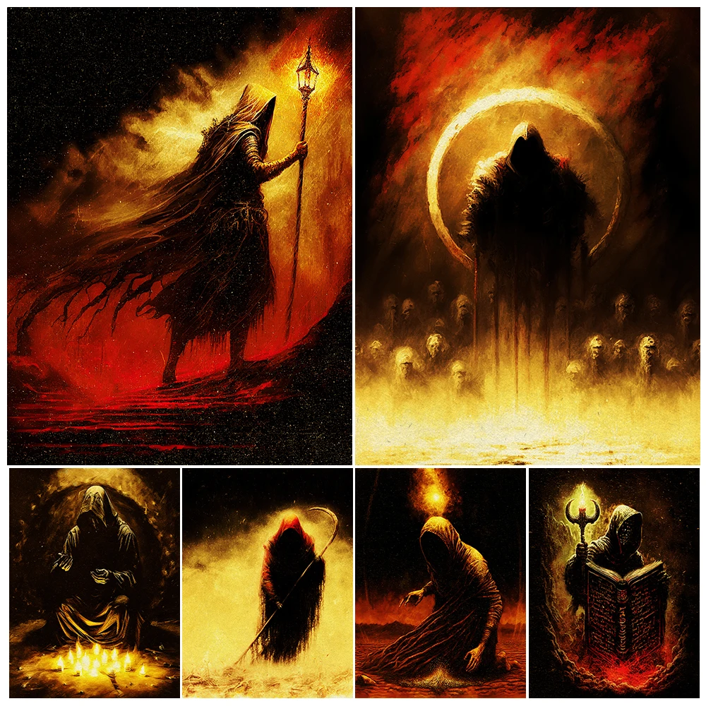 Black-Robed Sorcerer,Prophet,Pagan Priest Vintage Wall Art Canvas Painting Mysterious Witchcraft&Magic Art Poster Print Decor