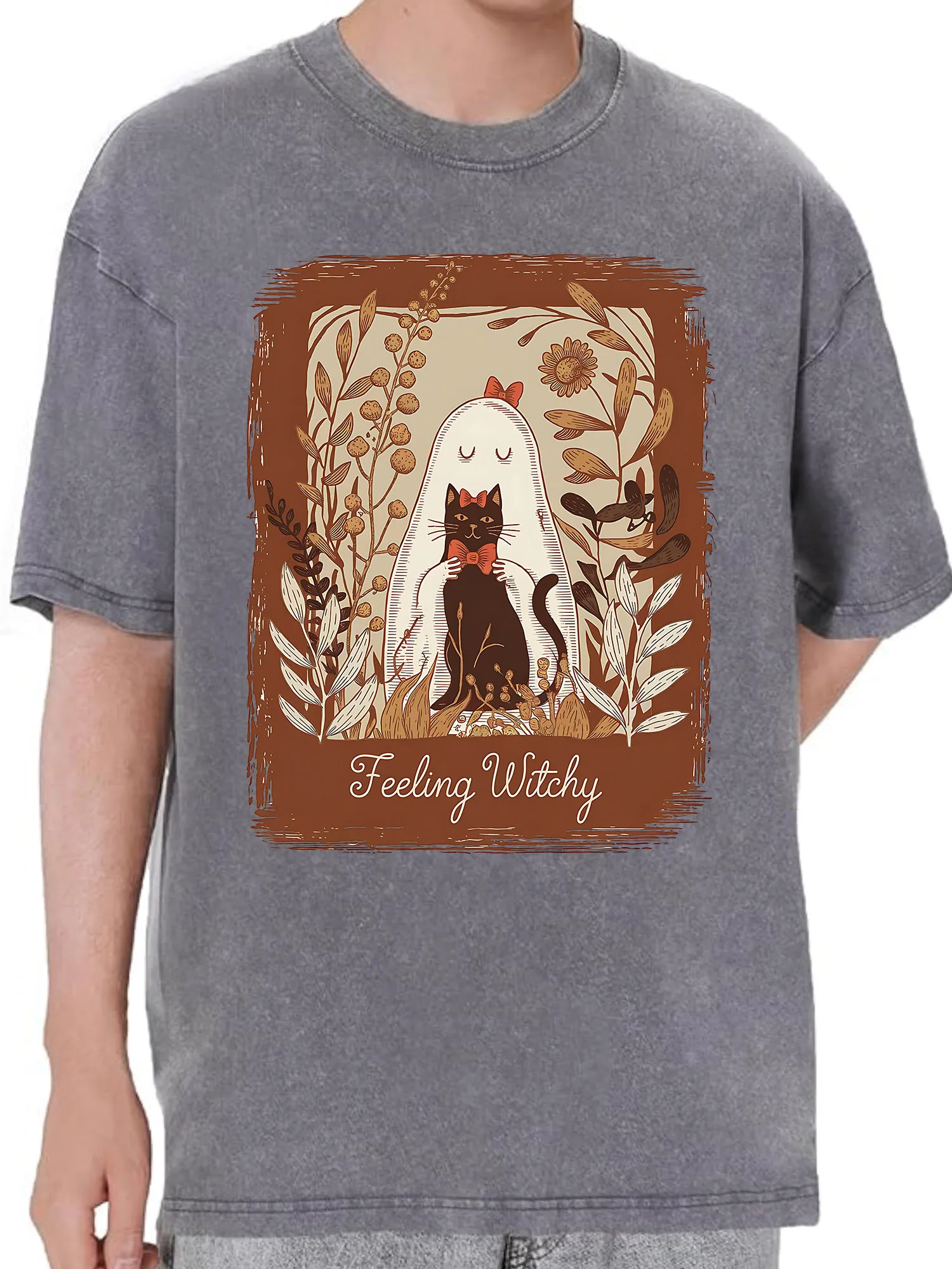 تي شيرت برسومات مغسولة كبيرة الحجم من Ghost and Black Cat، تي شيرت قطن 100% للرجال، ملابس هيب هوب كلاسيكية فضفاضة