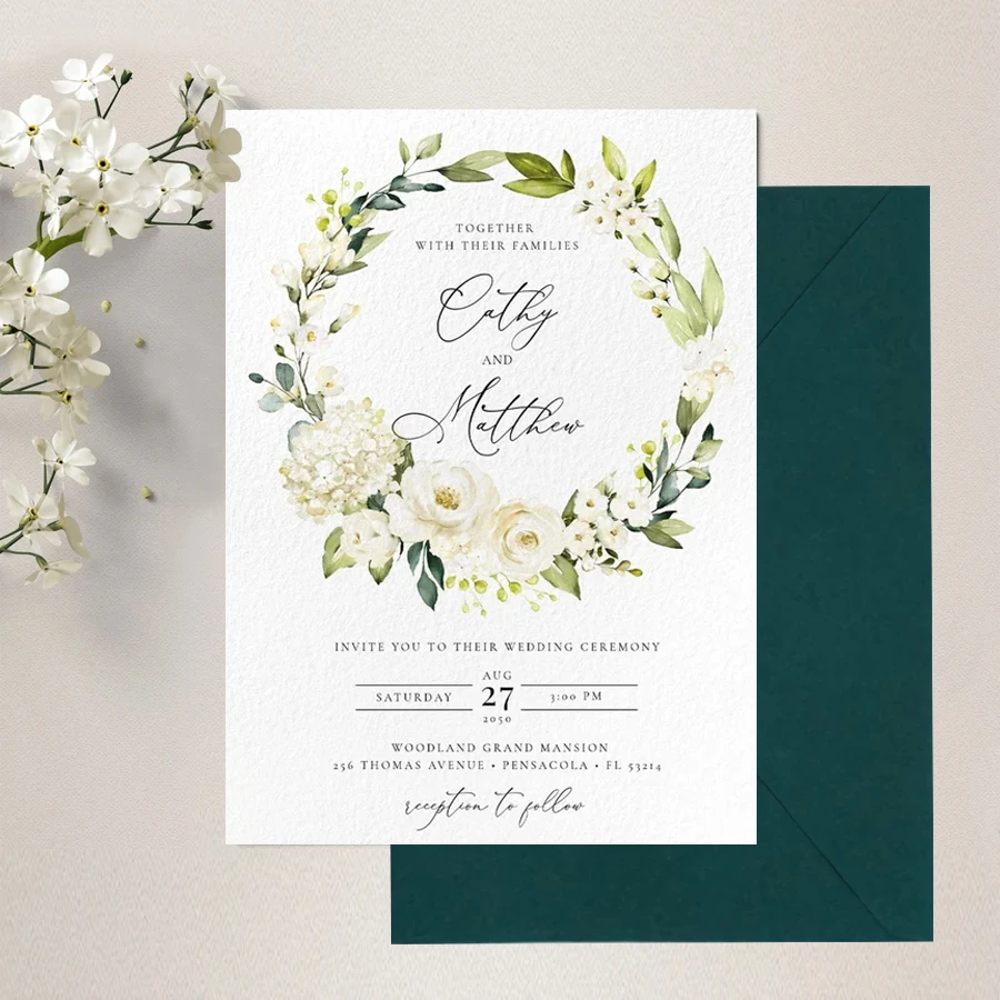 

10/50PCS Personalized Wedding Invitation with Envelopes, Custom Paper Wedding Invitations Card, Greenery Wedding Invitation
