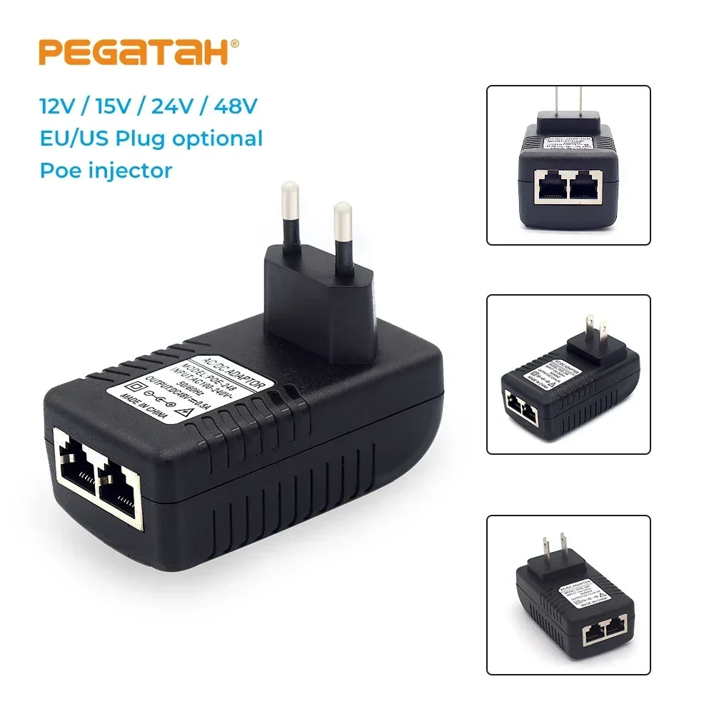 PEGATAH 100Mbps 패시브 POE 인젝터 12V2A/15V1A/24V1A/48V0.5A 출력 POE 캠용 IP 카메라 AP용 POE 어댑터