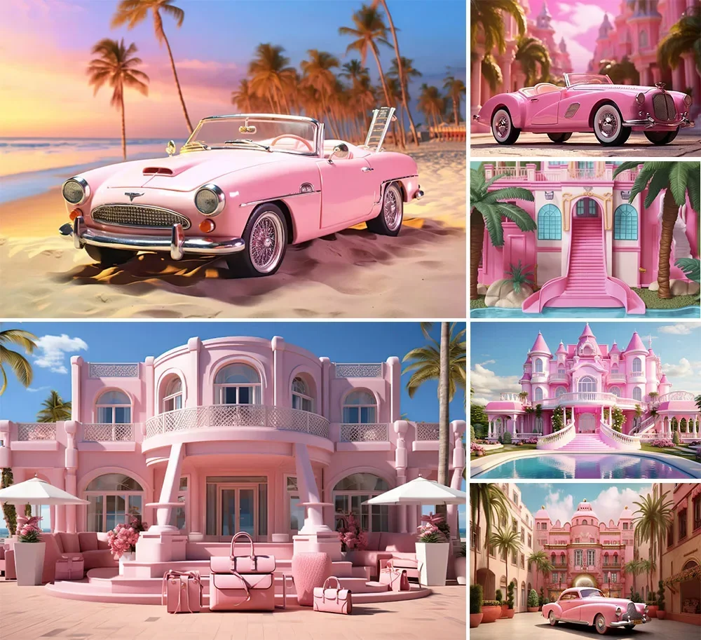 

Mehofond Photography Background Summer Beach Pink House Car Flowers Princess Girl Birthday Portrait Decor Backdrop Photo Studio