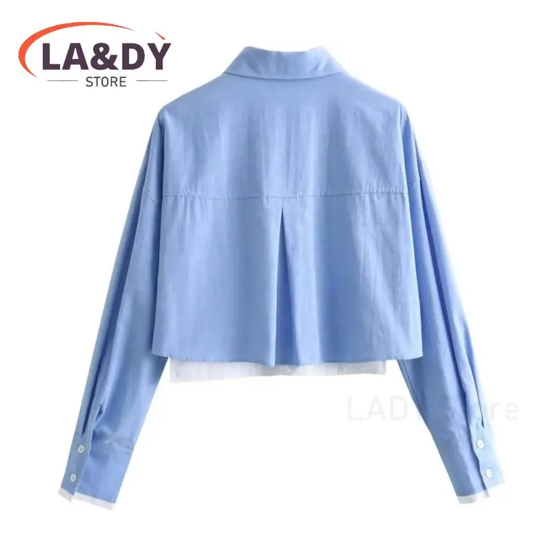 Shirt For Women 2024 Spring Autumn Fashion Single-Breasted Splice Female Casual Long Sleeve Pocket Short Blouses Tops