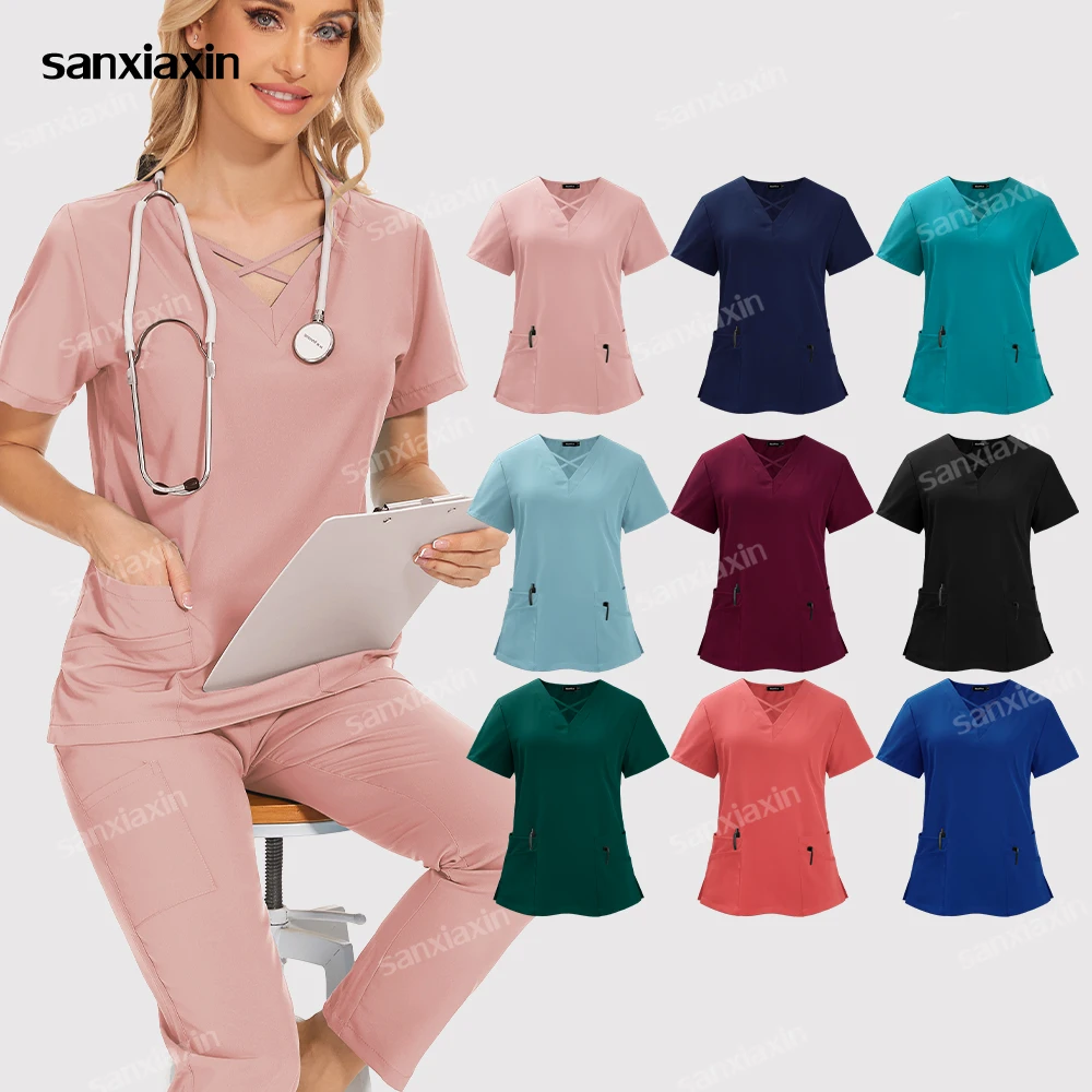 Uniformes quirúrgicos de manga corta para mujer, uniforme médico cómodo con cuello en V, conjunto de pantalones para enfermera de Hospital