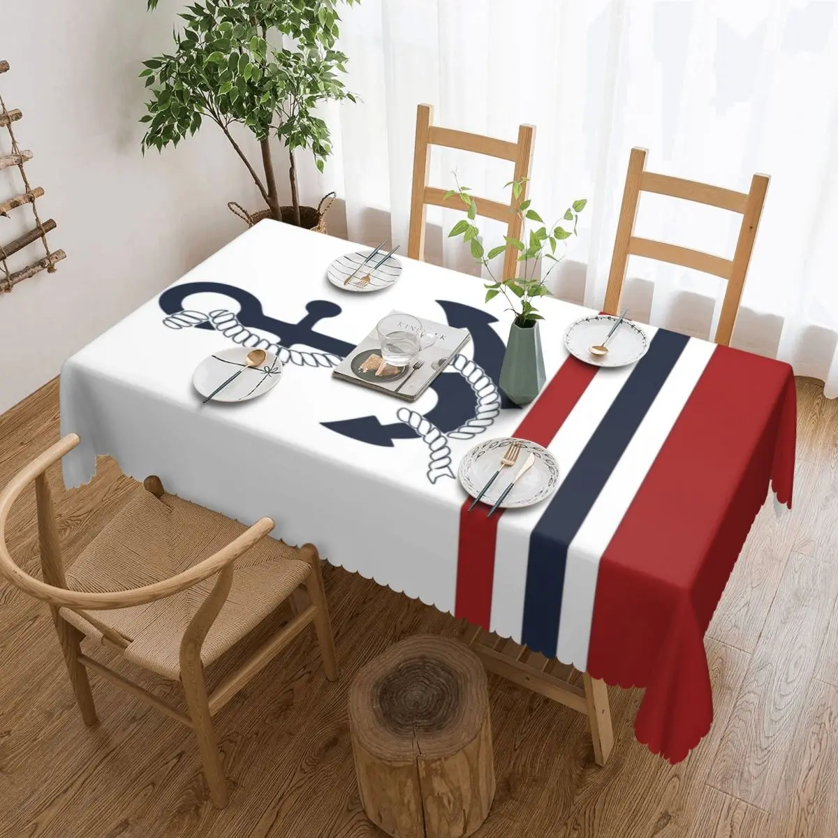 

Nautical Blue Anchors With Stripes Rectangular Tablecloth Waterproof Table Cloth Sailing Sailor Table Covers