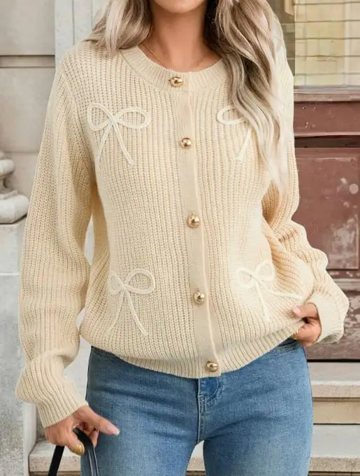 

Autumn and Winter Solid Color Round Neck Butterfly Tie Decoration Slim Knit Jacket Women's Elegant Temperament Sweater Jacket