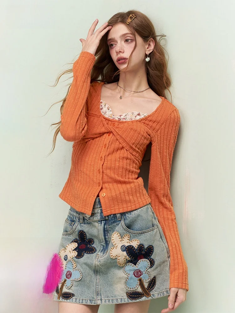 

Ele Splice Knitted Top Women's Slim Fit Early Spring Faionable Floral Patchwork Witcrt Aes Casual Sle Long Sve
