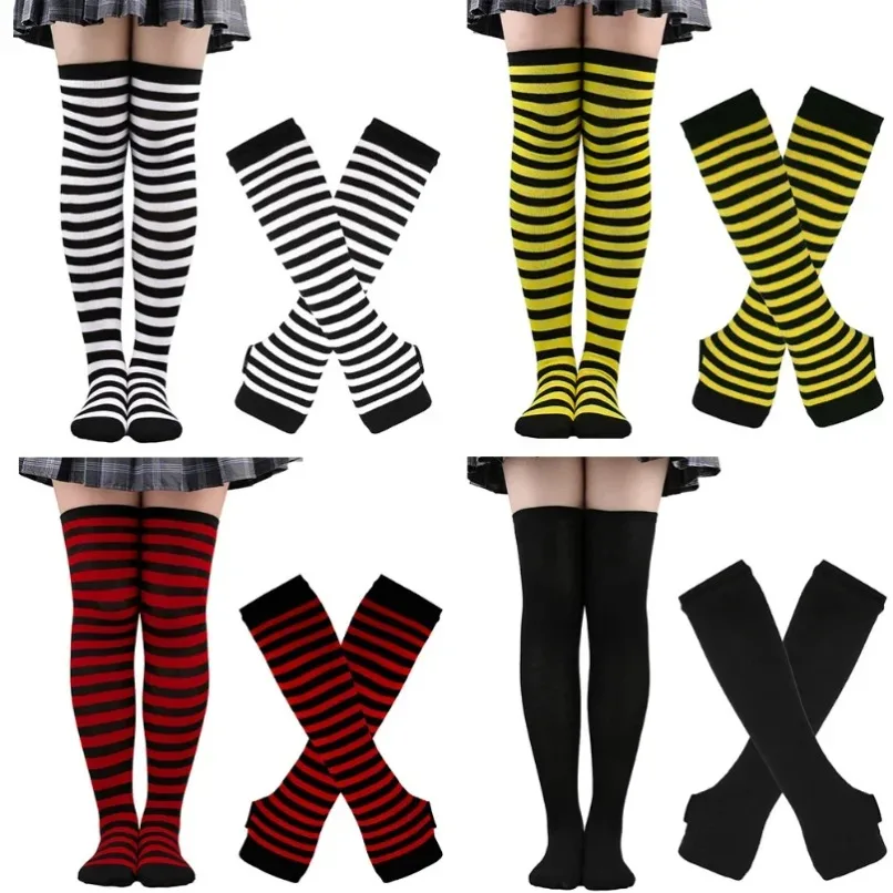 Kaos Kaki Panjang Wanita Bergaris Set Stoking Setinggi Paha Sarung Tangan Lengan Set Wanita Gadis Pink Hitam Putih Di Atas Lutut Lolita