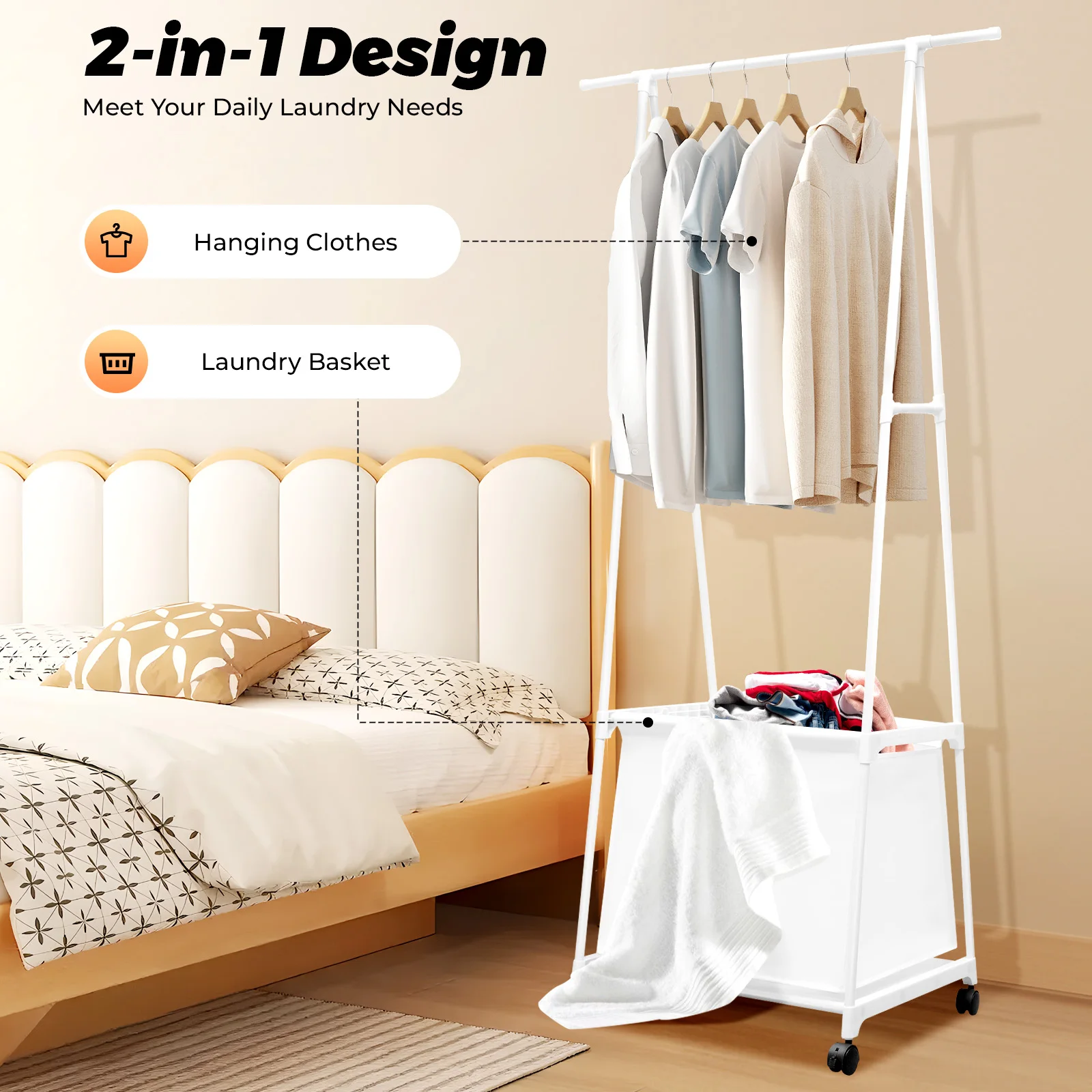 

Movable Clothes Rack with Laundry Basket Waterproof Rolling Coat Rack Clothes Rack with Universal Wheels 33.07lbs Load Capacity
