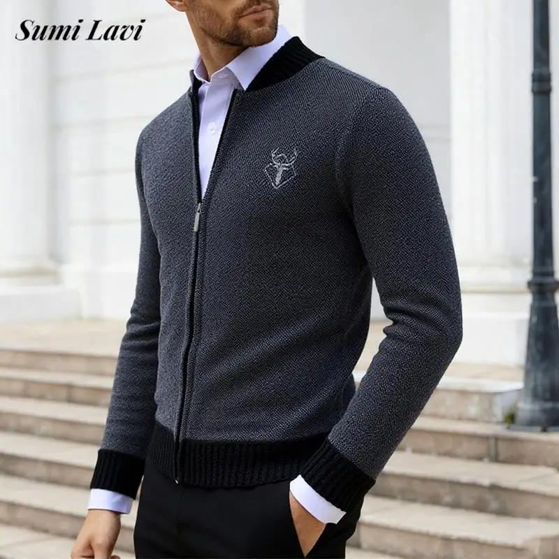 

Винтажные вязаные куртки с вышивкой, мужские осенне-зимние утолщенные вязаные кардиганы, мужские повседневные облегающие свитера на молнии с длинными рукавами