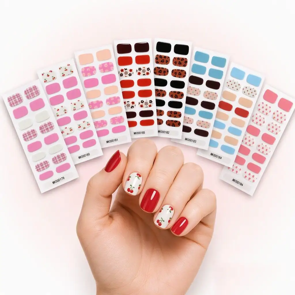 16Tips No Bake Gel Nail Strips Cute Floral Leopard Polka Dot Pattern Nail Sticker Self Adhesive Waterproof Full Cover Nail Wraps