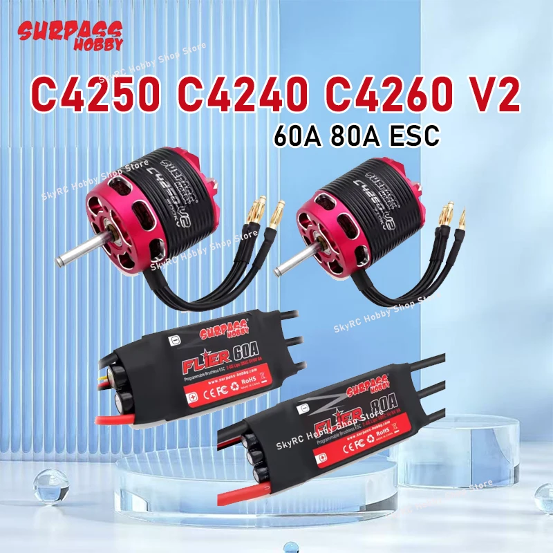 

Surpass Hobby C4250 C4240 C4260 V2 Brushless Outrunner Motor 2-6S with 60A 80A Brushless ESC For RC Aircraft Plane Model