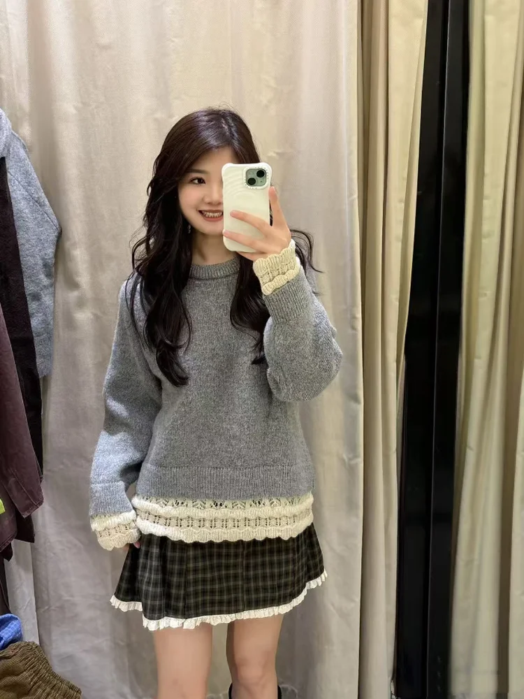 

Sweet Faion Lazy Sle Loose Knitted Sweater Hollow out Lace Splice Polyester Fiber Long Sve round Ne Top for Women