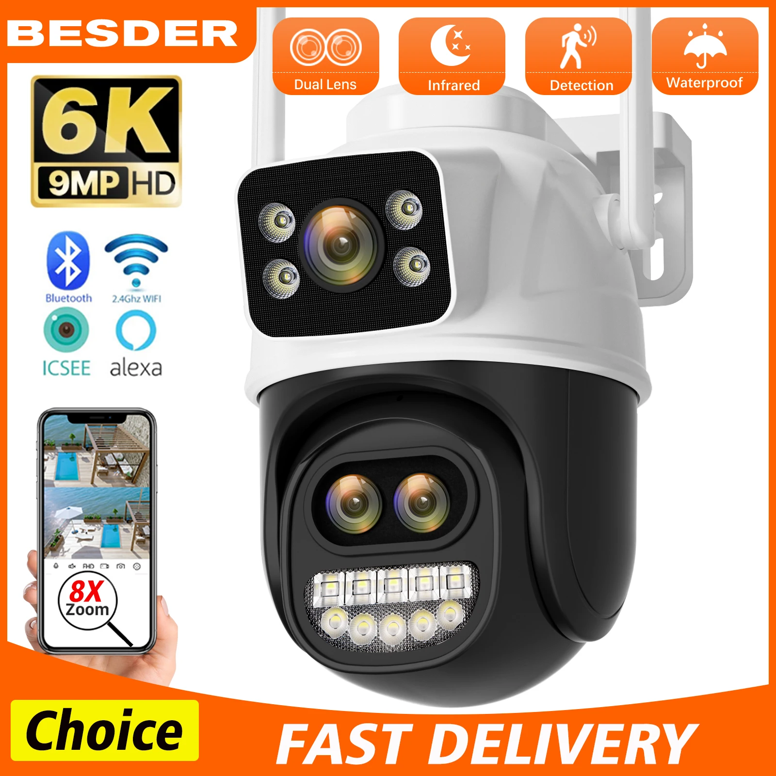 

BESDER WIFI IP Camera Three Lens 8X Zoom Outdoor PTZ Camera 8MP HD AI Auto Tracking Security Camera P2P CCTV Surveillance iCSee