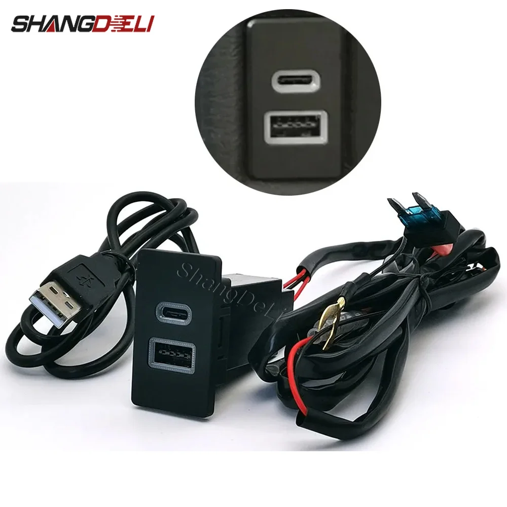Adaptador de Carga Dual USB Tipo-C PD para Auto, Compatible con Toyota Corolla LC80, 12V/24V, con Puerto para Memoria USB, Radio, Audio, LED Azul