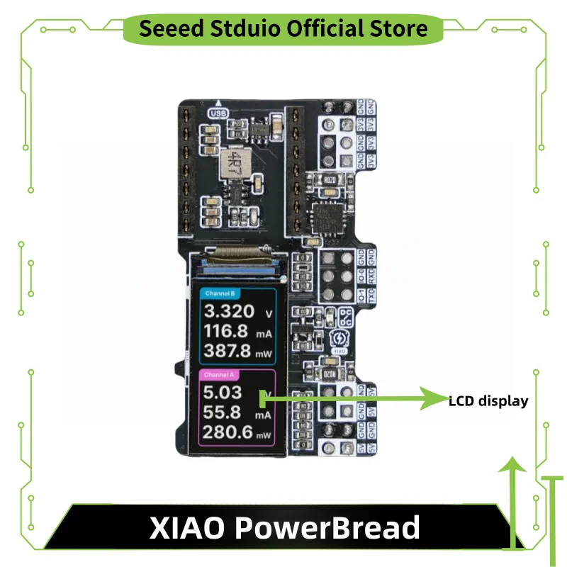 XIAO PowerBread – a breadboard power supply and meter compatible with XIAO dev boards, featuring a color LCD display