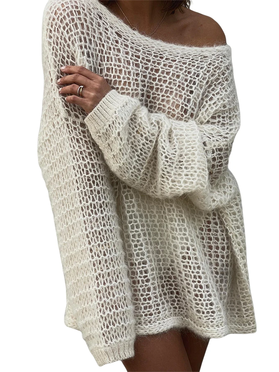 

Crochet Knit Long Sleeve Sweater Crop Top for Women Y2k See Through Hollow Out Top Sweater Pullover Top Streetwear Cute Creamy