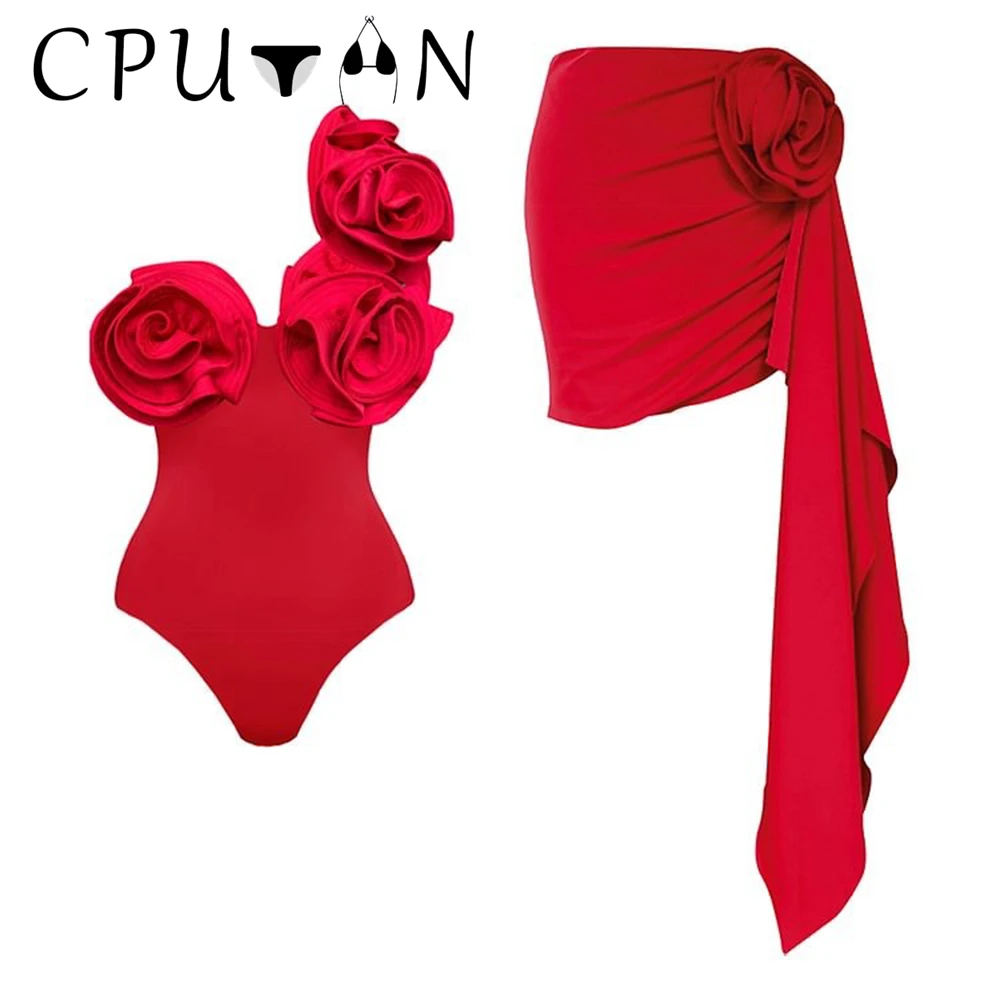 

CPUTAN Sexy Red 3D Flower Bikini Set Swimwear Skirt Women Vintage Solid Swimsuit Beachwear Skirt Summer 2024 Bathing Suit Dress