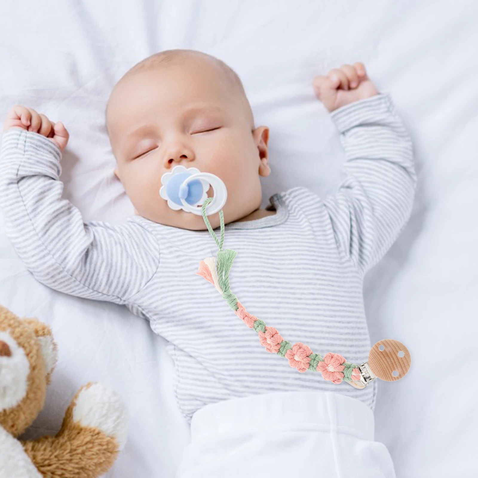 Baby Pacifier Clip Holder Handmade Cotton Rope Flower Design Anti-Loss For Newborn Toddlers Teething Safety Chain