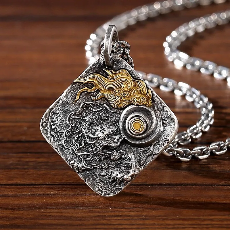 

Classic square rhombus handsome relief divine beast pendant silver 925 Pixiu men's retro domineering necklace banquet jewelry