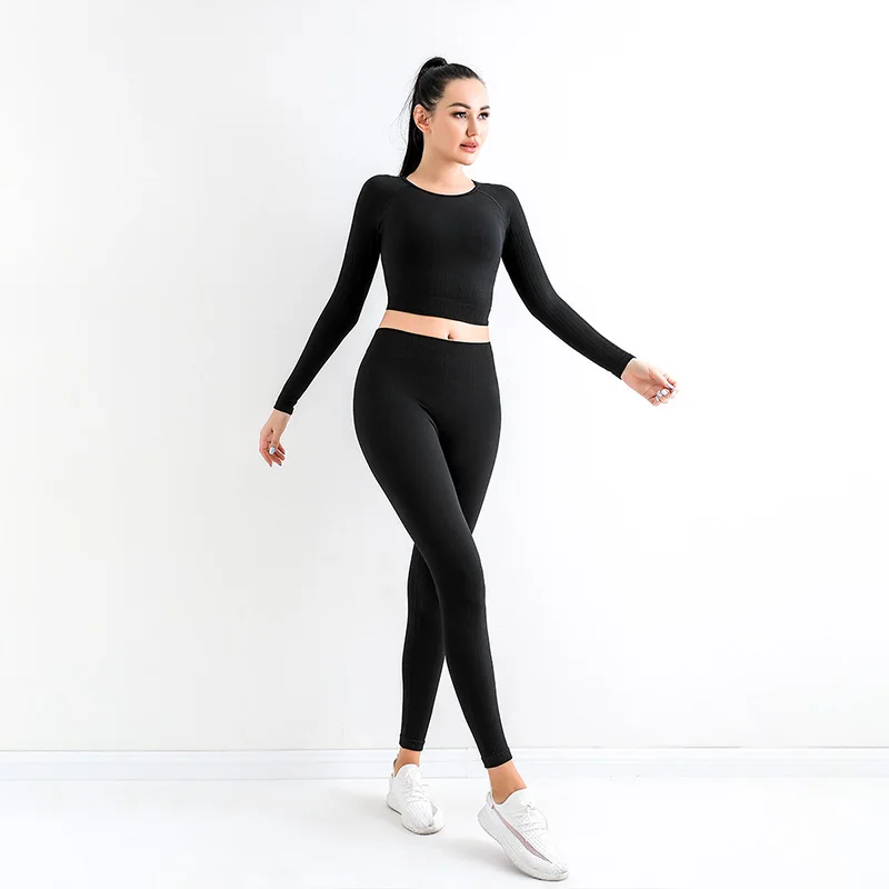 SVEIC Seamless Yoga Sets Ribbed Sports Fitness Tops Long Seleeve Workout Suits Sportswear Leggings Women Gym Set Outfit Clothing