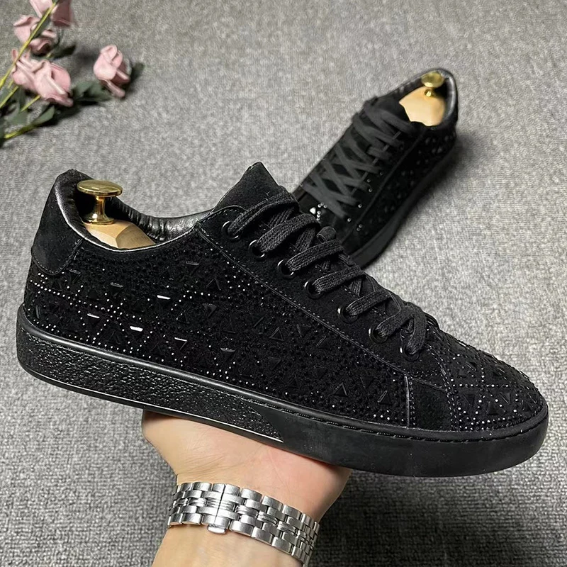 men's fashion party nightclub rhinestone shoes cow suede leather studded shoe black stylish flats platform sneakers man footwear