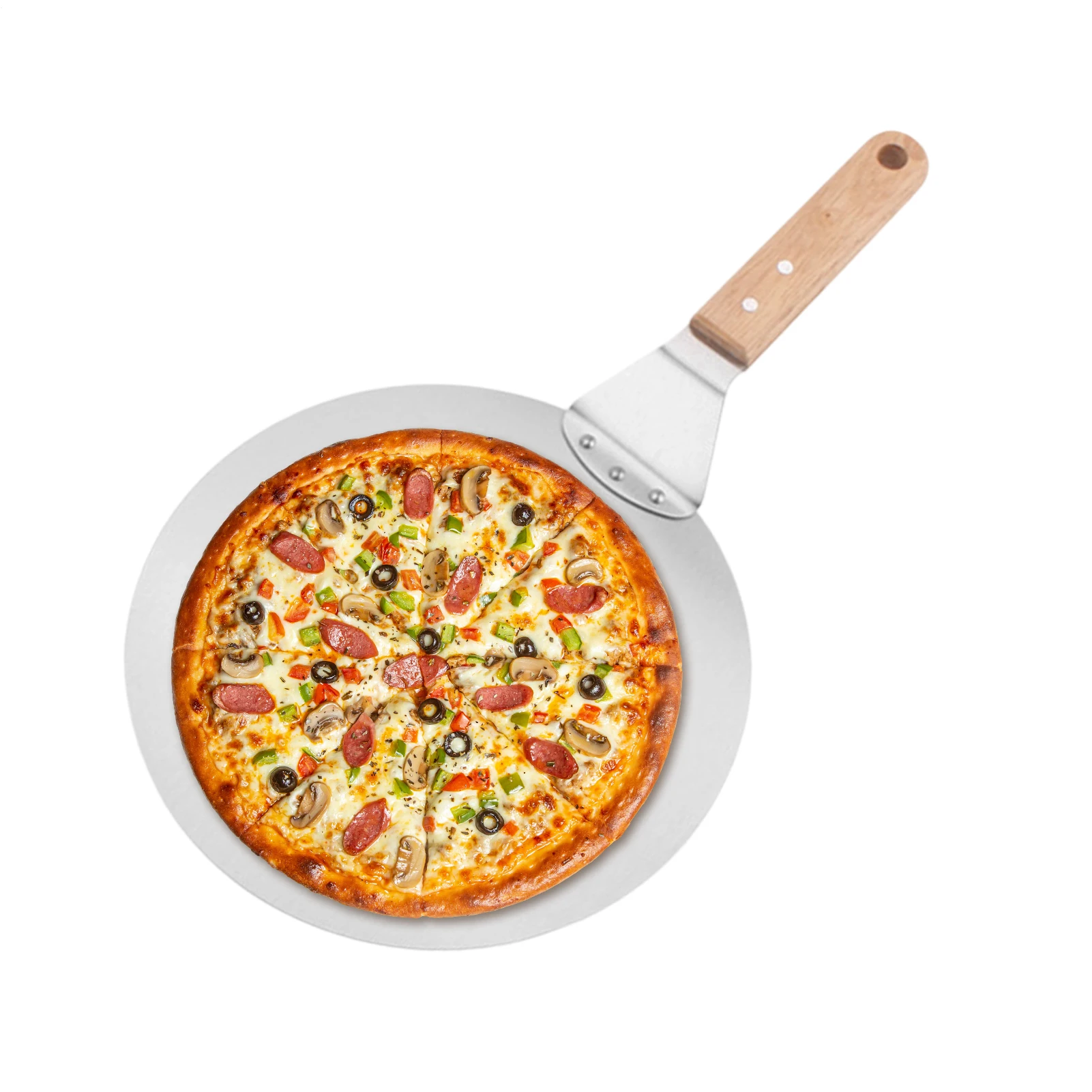 Stainless Steel Pizza Shovel Wooden Handle Round Shovel Sliding Pizza Peel With Cake Pizza Safety Transfer For Baking BBQ