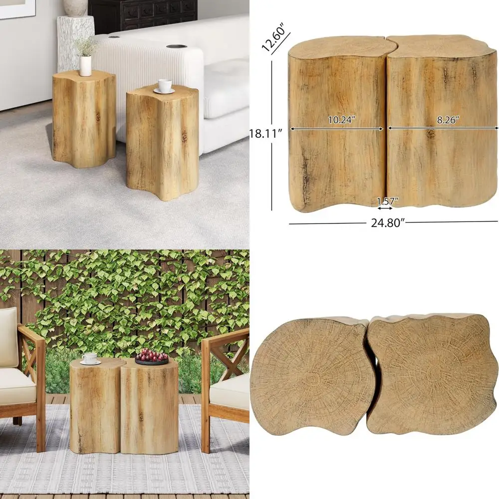 

KevinPlus 2-in-1 Nesting Side Tables Set for Living Room, Suitable for Indoor and Outdoor Use, Made of MGO Material, Natural Woo