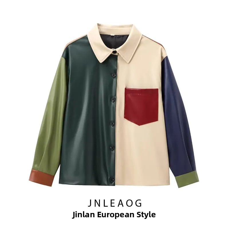 JNLEAOG Faionable PU Leder Jaet frauen Herbst Neue Sle Patchwork Design Sensation Wind Damen ort Mantel