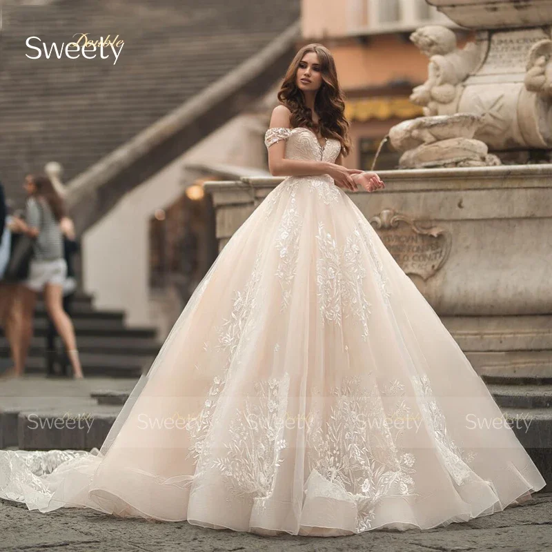 Gaun pernikahan Organza kerah V Sweetheart dengan bordir applique gaun pesta leher perahu tanpa lengan pengantin ritsleting belakang Robe De Mariee