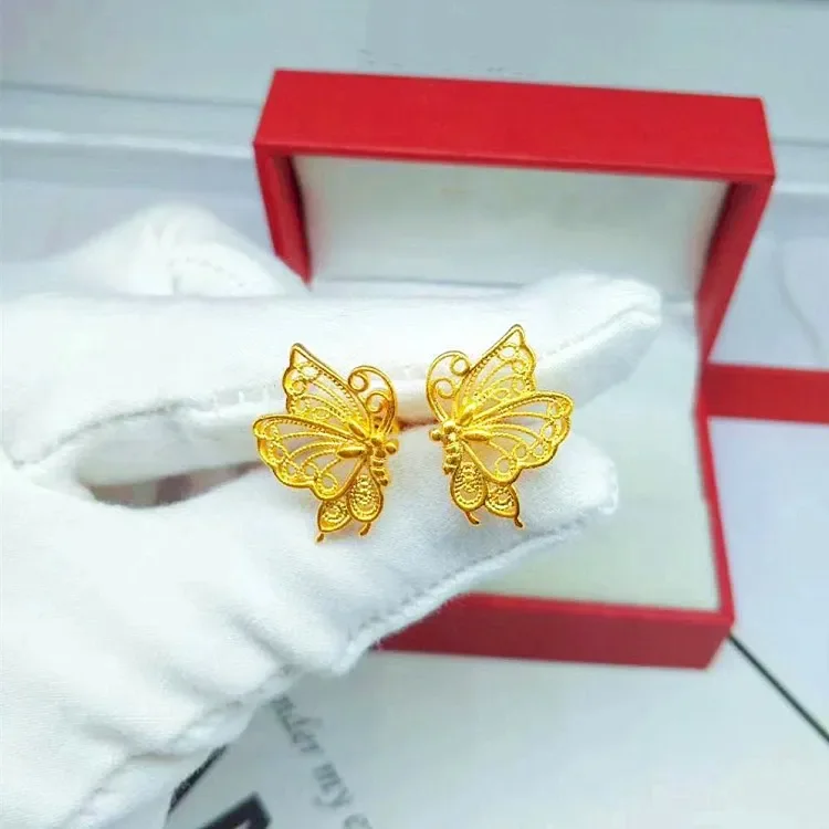 Pure 24k Gold Fried Dough Butterfly Earrings, 999 Real Gold Earrings Fine Jewelry Gifts for Women Girlfriend Wedding Birthday