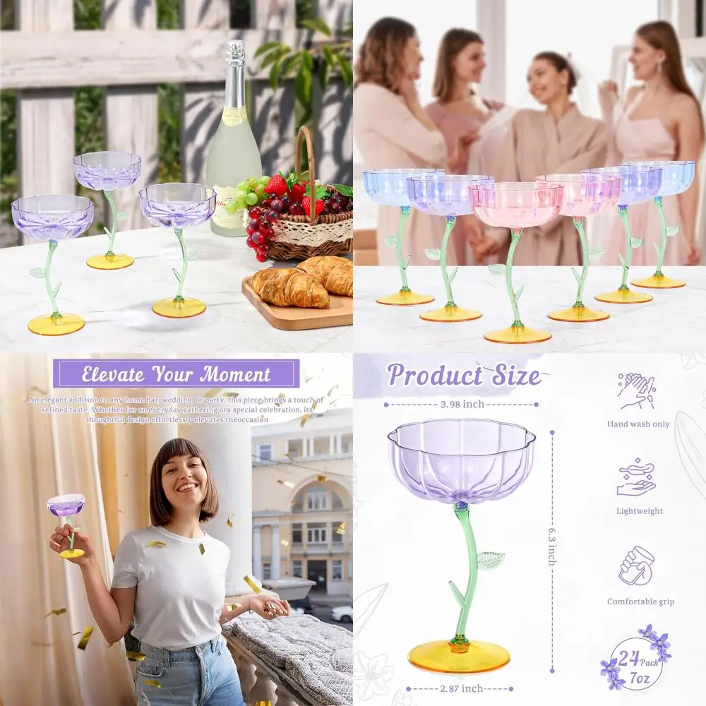 

Набор из 24 многоразовых пластиковых бокалов с ребристой поверхностью — 200 мл, с отсоединяемой нижней частью для коктейлей и мимозы