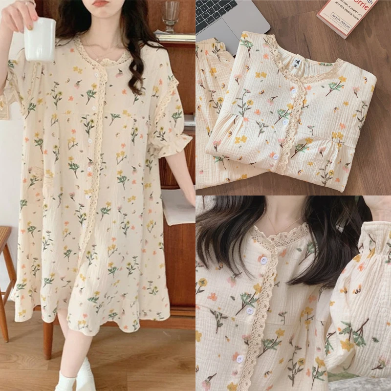 Girl Pajamas Sweet Cute Little Bouquet Printed Bubble Cotton Nightgown Lace Lace Loungewear Princess Wind Women Homewear Dress