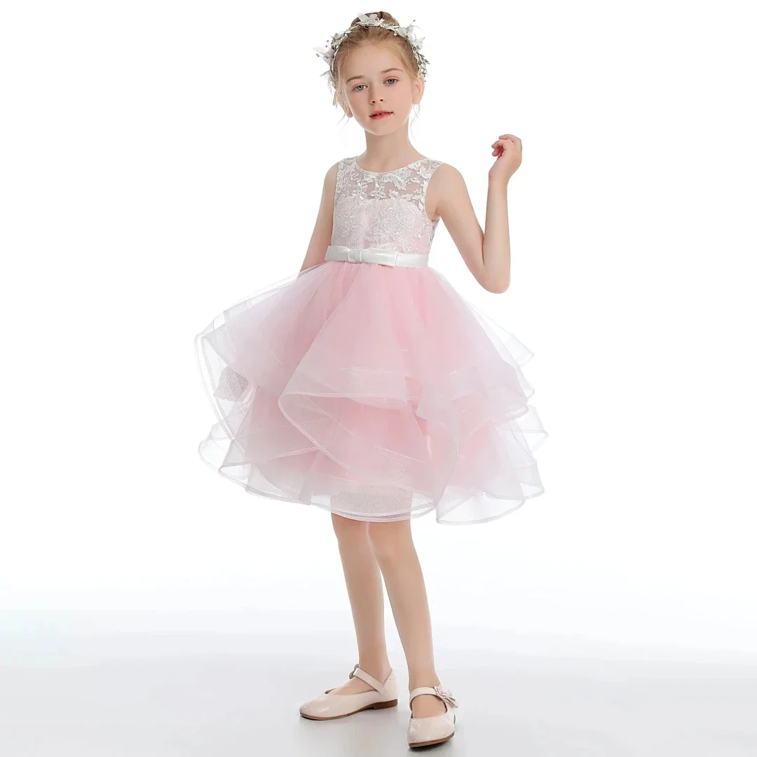 

Customized Pink Flower Girl Dress For Wedding Lace Tulle Layered Knee Length Puffy Kids Birthday Party First Communion Ball Gown