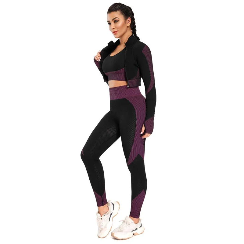 3 Stuks Vitale Naadloze Yoga Set Vrouwen Gym Workout Kleding Sportbeha + Lange Mouwen Fitness Crop Top + Leggings Sportpakken