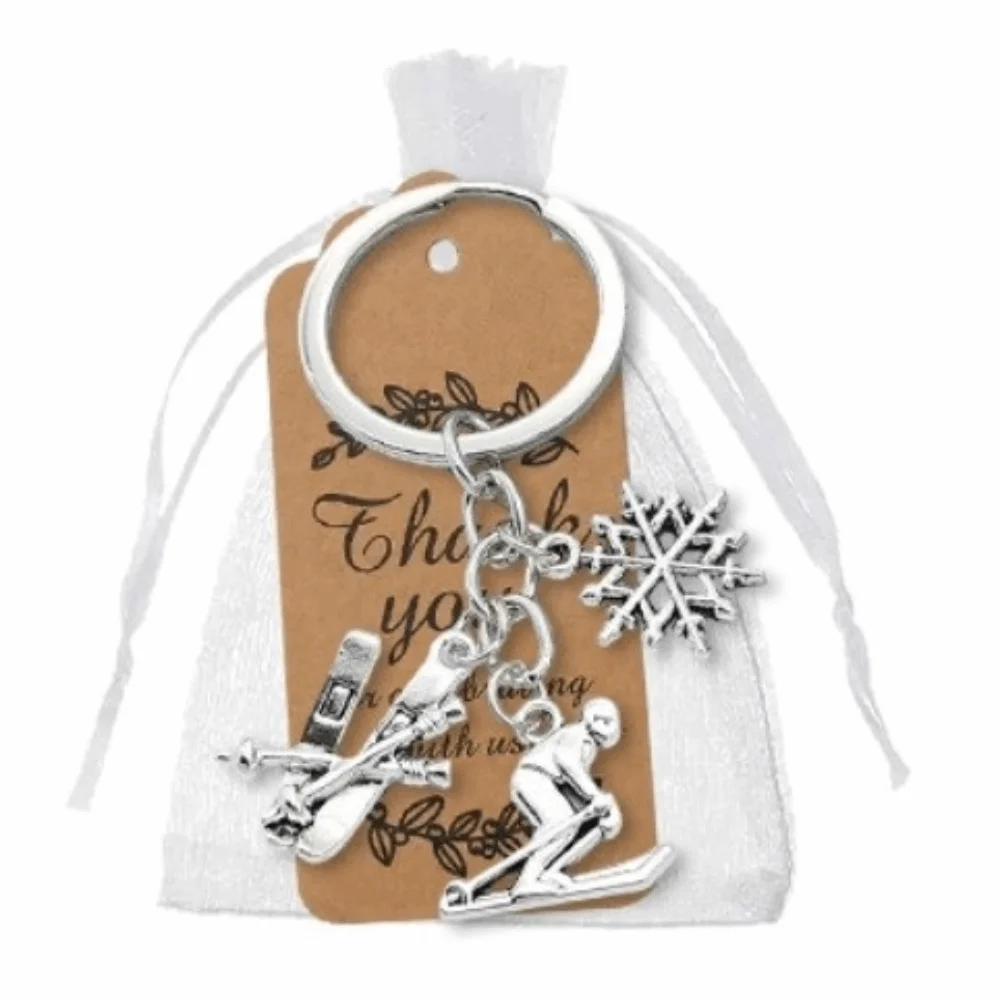 Decoration Metal Pendant Skiing Keychain Key Ring Car Bag Pendant Skier Decoration Silver Color Snowflake Pendant Winter Sports