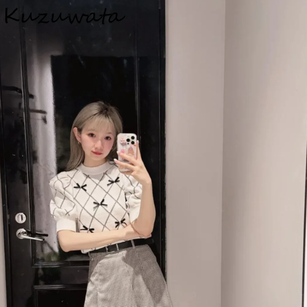 Kuzuwata Sweet O Neck Puff Sleeve Elegant Jumper Bow Nail Bit All-match Patchwork Pullovers Japan New Knit Plaid Moda Sweaters