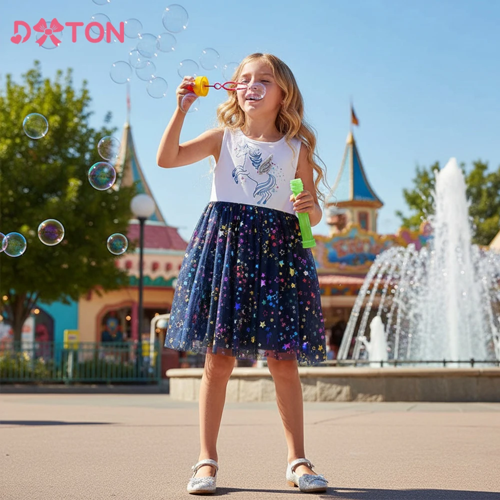

DXTON Sleeveless Children Dresses Blingbling Mesh Kids Casual Dress Licorne Applique Comfortable Girls Summer Cotton Clothes