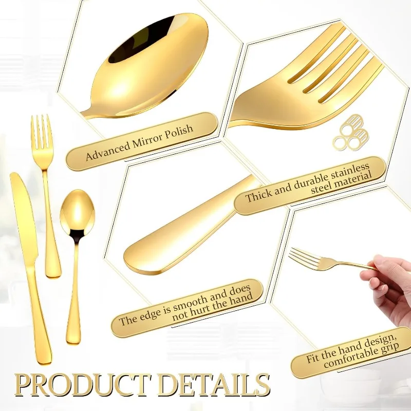 300 Pcs Gold Stainless Steel Flatware Set Service for 60 Guest Gold Silverware Cutlery Utensil Set with Fork Knife Spoon image 3